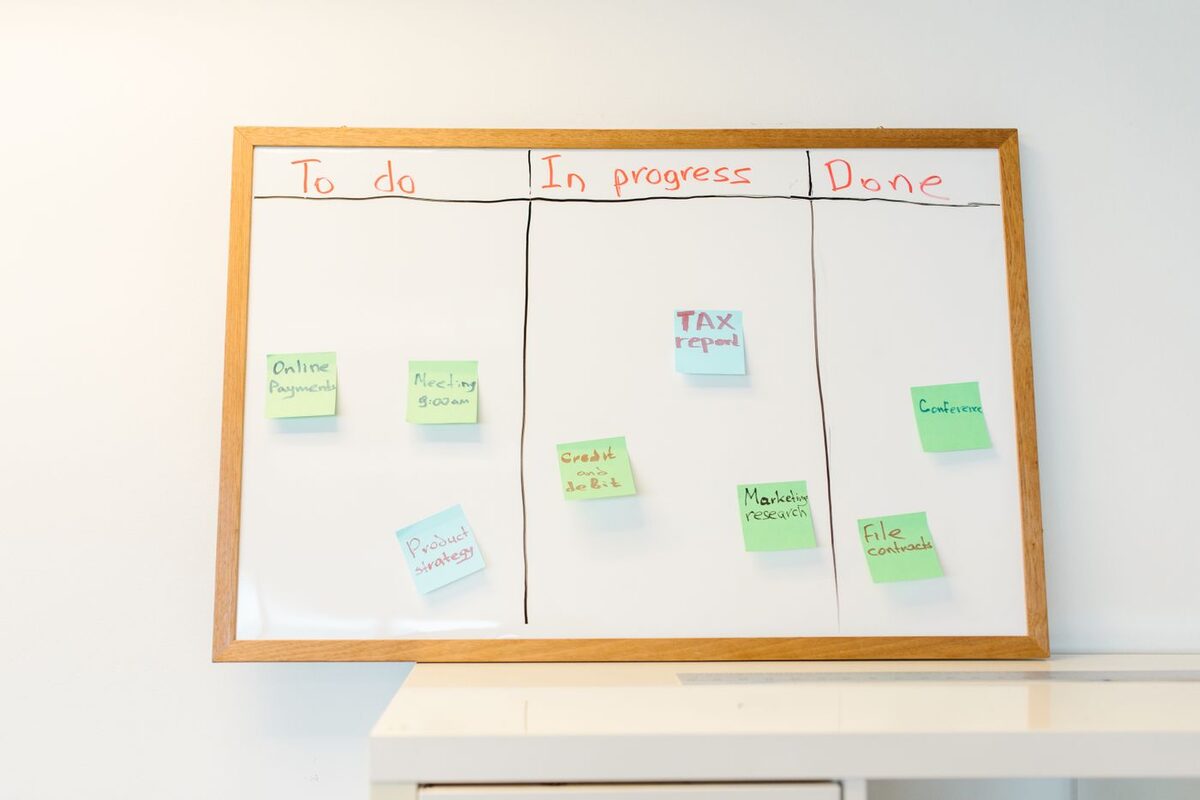A whiteboard divided into To do, In progress and Done columns, with handwritten sticky notes in each